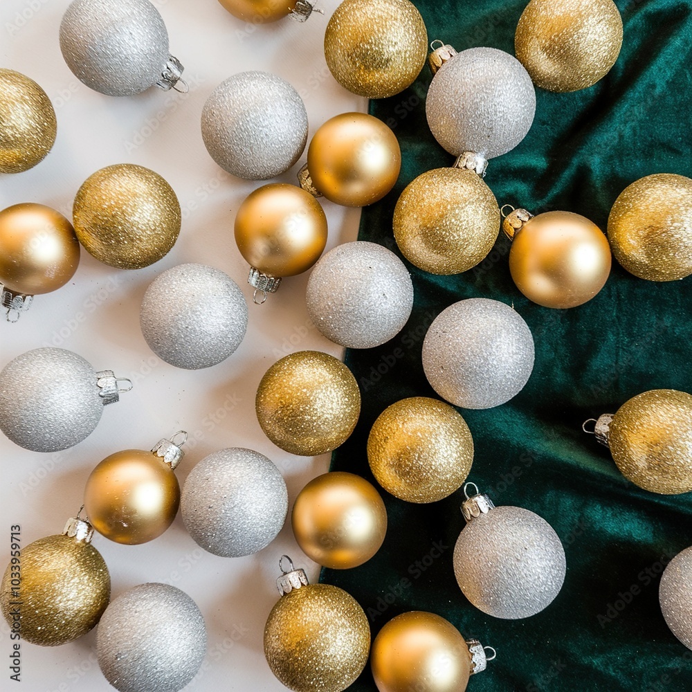 Fototapeta premium Festive flat lay of metallic gold and silver glitter Christmas baubles scattered across luxurious emerald green velvet and white background.