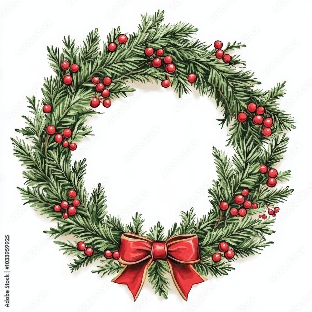 A wreath of evergreen branches with red berries and a red ribbon A wreath of evergreen branches with red berries and a red ribbon