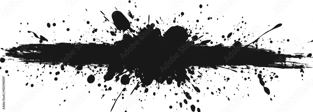 Naklejka premium Black ink splatter banner, horizontal streaks isolated on a white background.