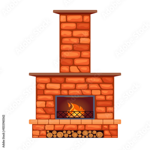 Cozy winter interior red bricks bonfire or hearth with mantelpiece and chimney. Classic fireplace made of stone with carved iron fence, burning flame inviting for comfort and relaxation. Vector flat