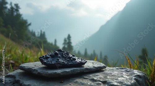 Fototapeta Naklejka Na Ścianę i Meble -  A serene nature scene with Shilajit resin resting on a flat stone, surrounded by Himalayan mountains and misty air to represent its origin and purity: Shilajit, pure, Himalayan mountains,