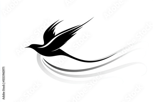 Flying bird silhouette with graceful motion, white isolated background. photo