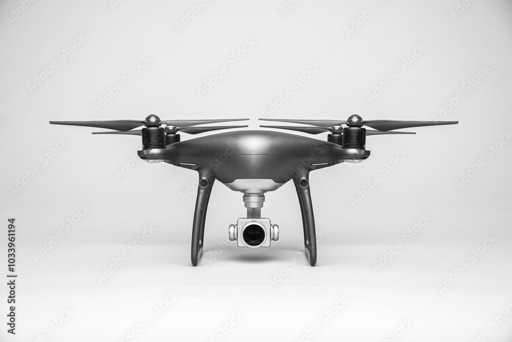 Dark drone on a gray background. UAV close up.