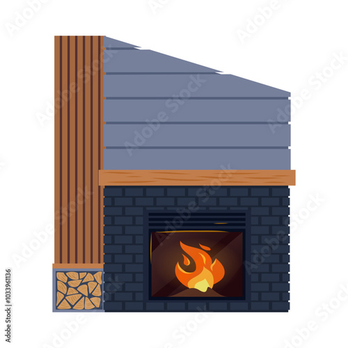 Modern fireplace, faced with black brick and decorated with wooden shelf Cozy interior bonfire, burning flame blazing inviting warm fire Home hearth for comfort and relaxation Vector flat illustration
