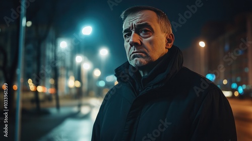 middle-aged man standing alone in an empty street at night,