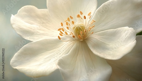 Artful closeup of a jasmine flower, highlighting its soft white petals and rich fragrance, ideal for botanical art and floral photography