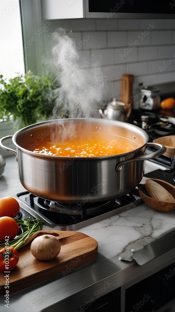 Boiling soup with a pot using a stove in a modern kitchen Boiling soup with a pot using a stove in a modern kitchen