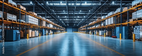 Futuristic warehouse with automated sorting systems, advanced electronics, and bright LED lighting, capturing the essence of modern logistics and efficiency