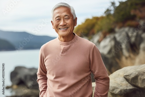 Portrait of a glad asian man in his 80s showing off a thermal merino wool top while standing against rocky shoreline background
