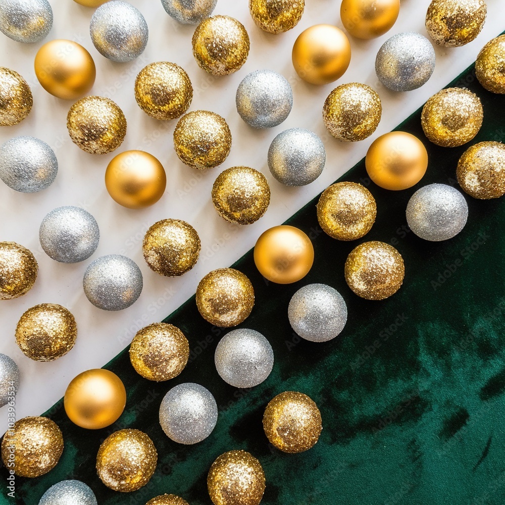 Fototapeta premium Diagonal holiday pattern of glittering gold and silver Christmas ornaments on a contrasting background of deep green velvet and bright white.