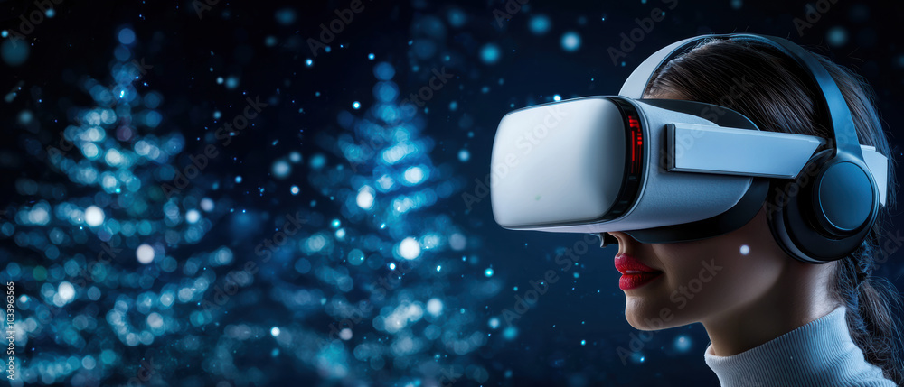 Virtual reality Christmas themed escape room in a futuristic world, Explore virtual reality with a user wearing a VR headset, immersed in a snowy winter landscape, perfect for tech themes. Virtual reality Christmas themed escape room in a futuristic world, Explore virtual reality with a user wearing a VR headset, immersed in a snowy winter landscape, perfect for tech themes.