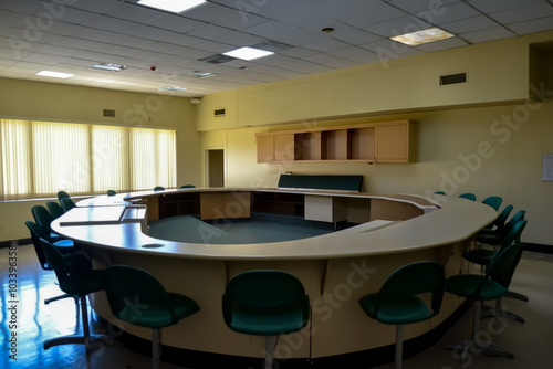 A large curved white counter surrounded by green and silver metal chairs. photo