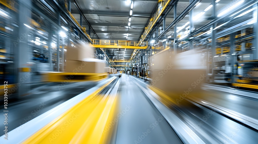 Fototapeta premium Dynamic Warehouse Interior with Conveyor Belt in Motion