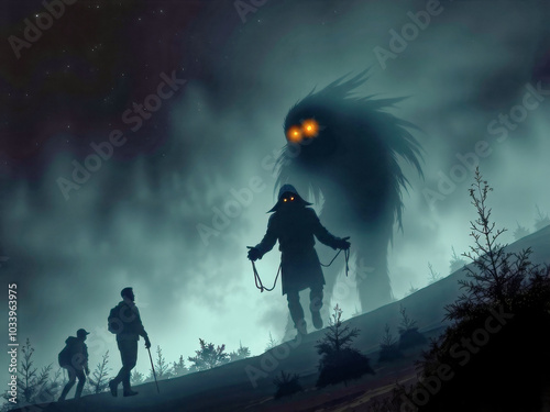 A man is walking with two other people in a forest. A large monster is behind them. Scene is dark and ominous photo