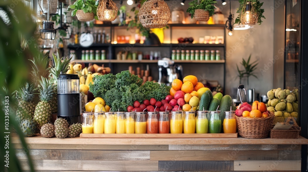 A juice bar with an array of fruits and vegetables ready for juicing, creating a vibrant and healthy atmosphere A juice bar with an array of fruits and vegetables ready for juicing, creating a vibrant and healthy atmosphere