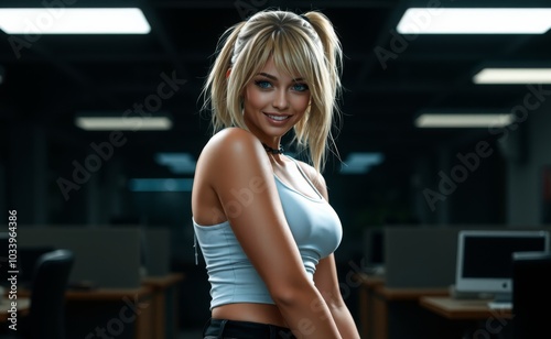 A blonde woman with a radiant smile stands confidently in a bright modern office setting, embodying professionalism and positivity in a work environment.