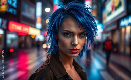 A woman with intense blue hair stares into the camera, framed by a bustling city street at night, evoking a sense of curiosity and intrigue.