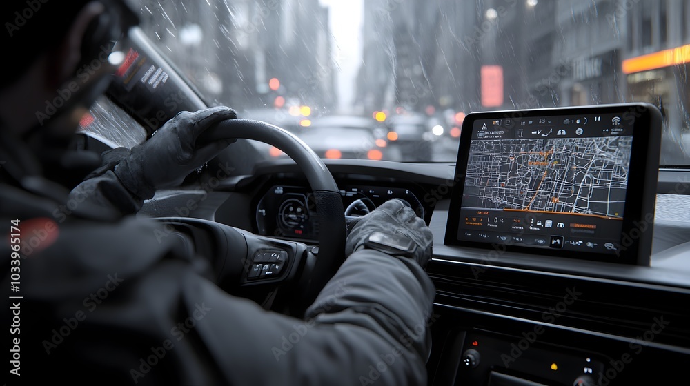 Driving through the City in Snowy Conditions with GPS Navigation on Dashboard Display Driving through the City in Snowy Conditions with GPS Navigation on Dashboard Display
