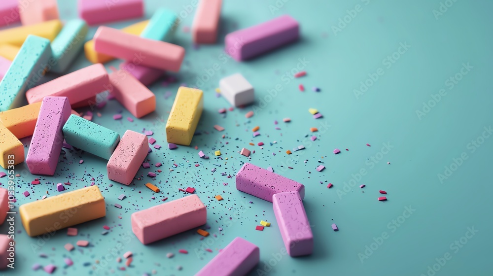 3D render of colorful erasers in various shapes, scattered across a clean white surface, closeup 3D render of colorful erasers in various shapes, scattered across a clean white surface, closeup