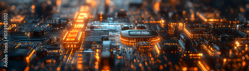 Extreme Close-Up of Microscopic Robots Exchanging Glowing Digital Currency in Nano Currency Transactions - Futuristic Citybackdrop and Flow of Energy Unveiling Intricate Circuitry and Pulsating Lights photo