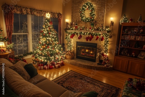 Photo Of a Living Room Decorated For Christmas, With a Fireplace, Shiny Christmas Tree Surrounded With Gifts, Cozy Place