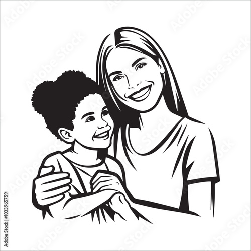 Happy woman with little adopted girl vector illustration silhouette