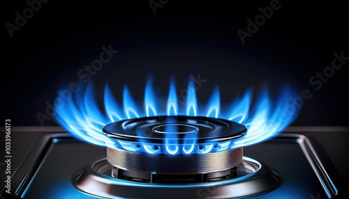 Blue Flame on Gas Stove Burner in Dark Kitchen Setting 