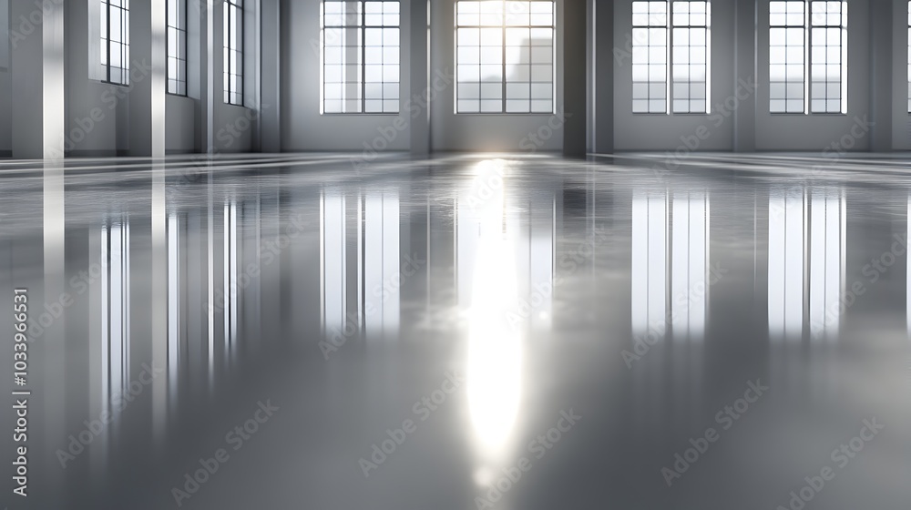 Bright and Airy Empty Interior with Reflective Concrete Floor and Tall Windows Bright and Airy Empty Interior with Reflective Concrete Floor and Tall Windows