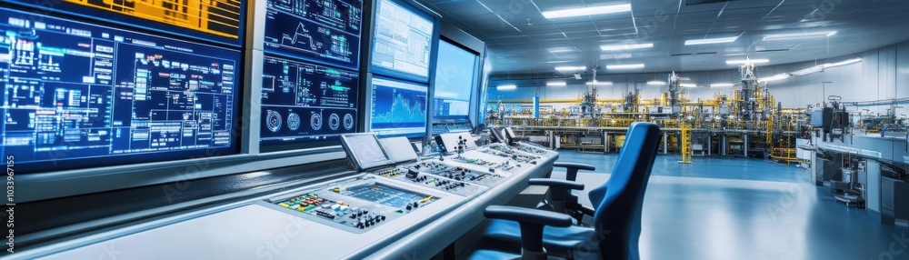 A modern refinery control room, with digital displays and automated systems managing fuel production A modern refinery control room, with digital displays and automated systems managing fuel production