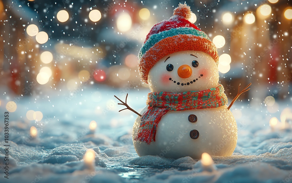 Jolly snowman in a bright wool hat and scarf, enveloped by glittering bokeh lights on a snowy landscape, evoking the spirit of winter festivities Jolly snowman in a bright wool hat and scarf, enveloped by glittering bokeh lights on a snowy landscape, evoking the spirit of winter festivities