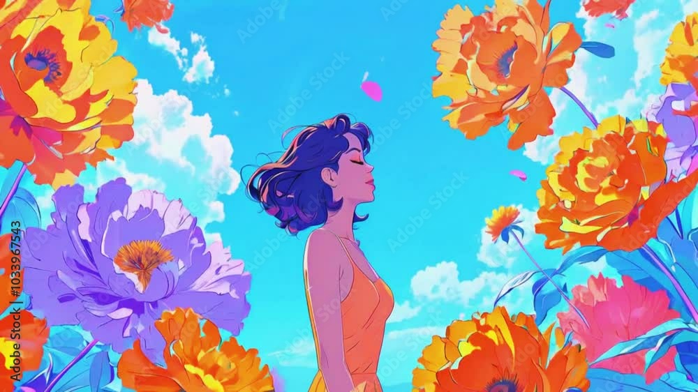 Amidst a whirlwind falling, colorful pop art flowers, woman remains calm, eyes closed in meditation slow motion, peaceful energy, dynamic self-awareness, 4k victor anime-style Animation Video Amidst a whirlwind falling, colorful pop art flowers, woman remains calm, eyes closed in meditation slow motion, peaceful energy, dynamic self-awareness, 4k victor anime-style Animation Video