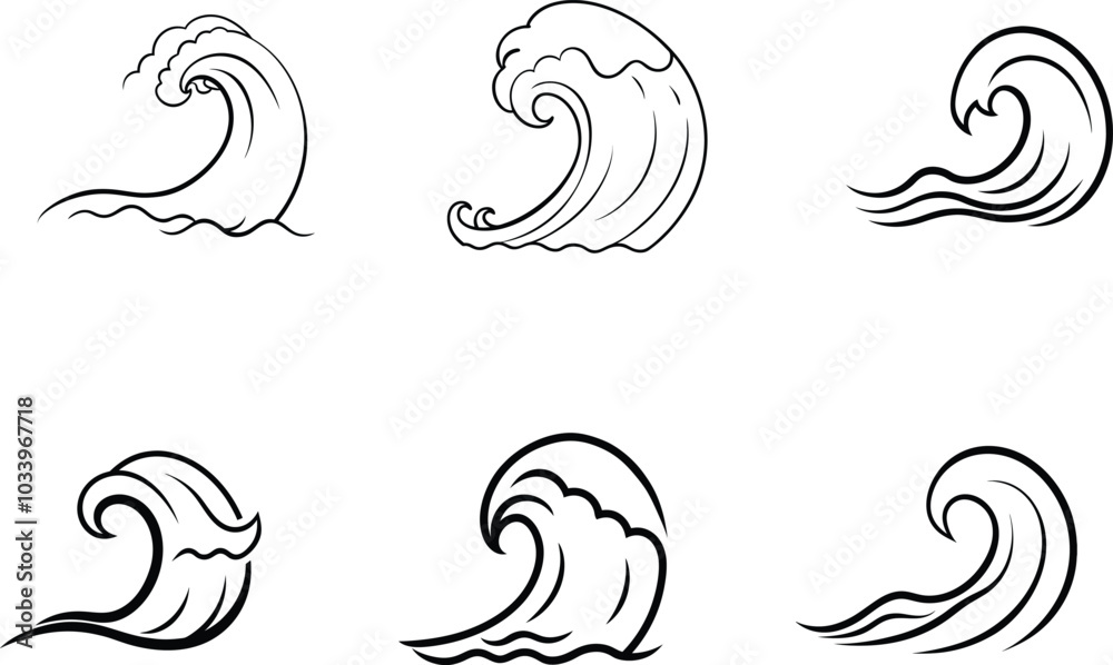 Fototapeta premium Six Stylized Black and White Ocean Waves