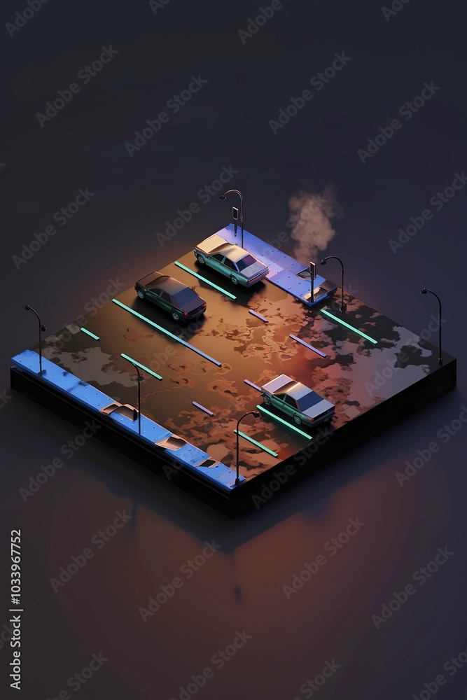Obraz premium 3D rendering old wet asphalt neon lights street with smoke on black background