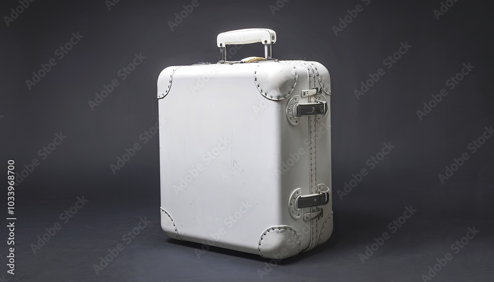 A white suitcase with a handle on top, positioned upright against a dark background A white suitcase with a handle on top, positioned upright against a dark background