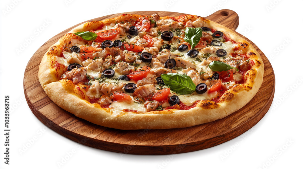 Delicious Chicken and Olive Pizza on Wooden Board Isolated on White Background Delicious Chicken and Olive Pizza on Wooden Board Isolated on White Background
