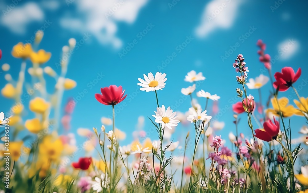 Charming spring meadow bursting with colorful wildflowers like daisies, set against a clear blue sky, depicted in soft focus to inspire tranquility and calm Charming spring meadow bursting with colorful wildflowers like daisies, set against a clear blue sky, depicted in soft focus to inspire tranquility and calm