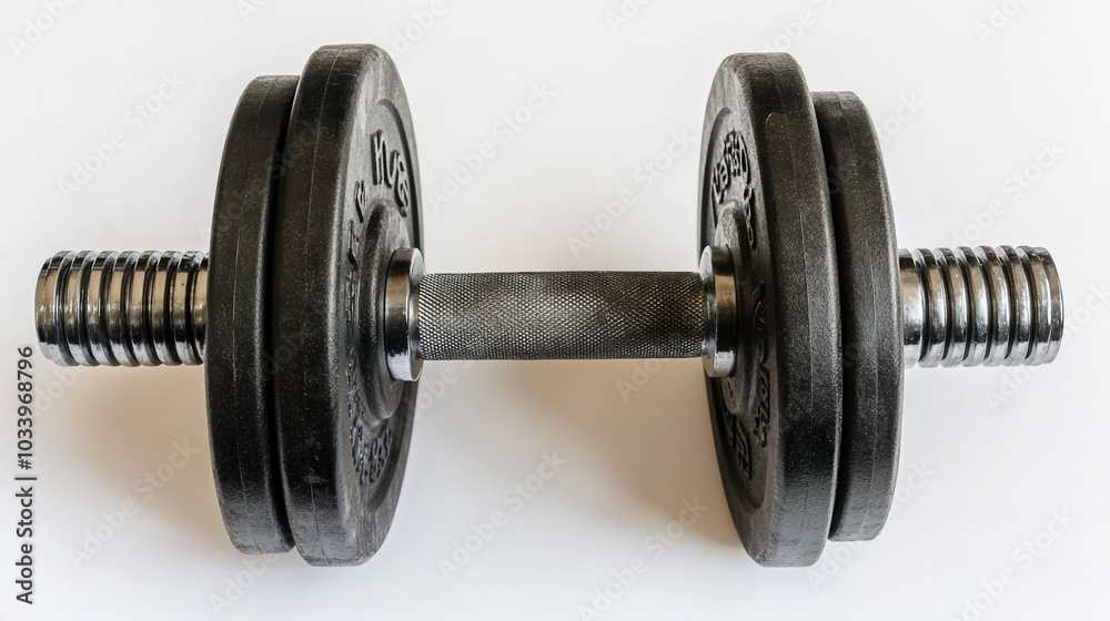 Fototapeta premium Black Cast Iron Dumbbell with Chrome Barbell Isolated on White Background