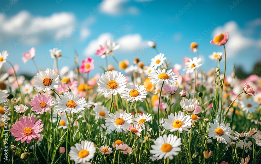 Colorful spring meadow filled with wildflowers, particularly daisies, under a bright blue sky, captured in a softfocus frame to inspire tranquility and joy Colorful spring meadow filled with wildflowers, particularly daisies, under a bright blue sky, captured in a softfocus frame to inspire tranquility and joy