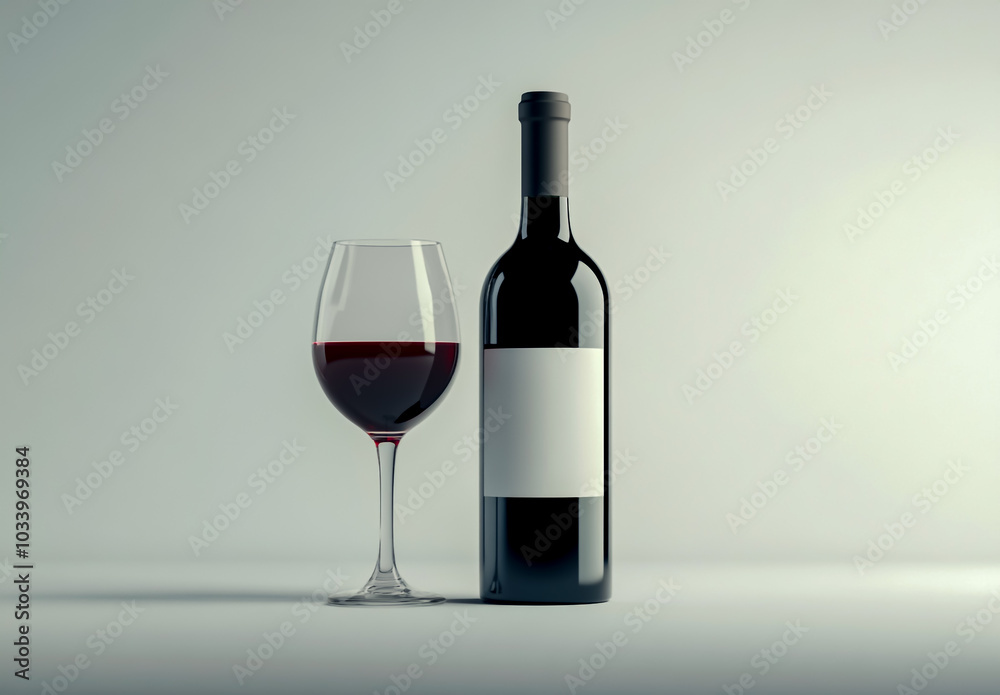 A bottle of red wine and a glass with a white label on the table, against a white background. A bottle of red wine and a glass with a white label on the table, against a white background.
