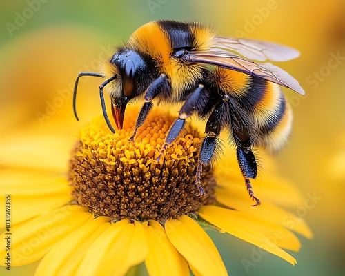 Detailed image of a large striped bee on a vibrant yellow flower, gathering nectar on a sunny day, emphasizing the beauty of nature and the pollination process