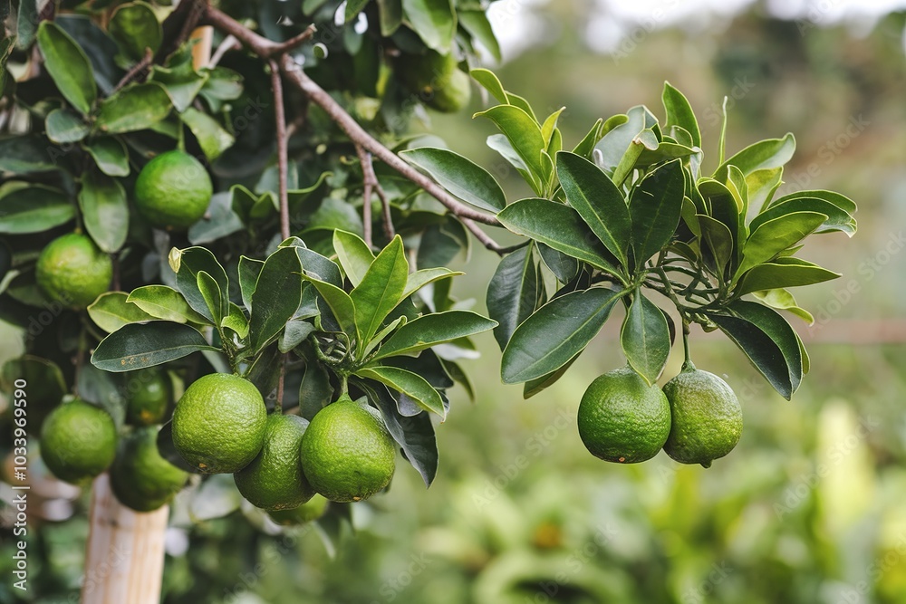 Green kaffir lime leaves and fruit on a branch Green kaffir lime leaves and fruit on a branch