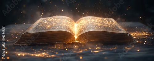 Enchanting open book resting on a table, glowing with a soft magical light, surrounded by sparkling stars and shimmering dust, creating a fairytale ambiance