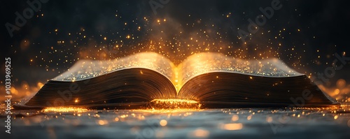 Enchanting open book resting on a table, glowing with a soft magical light, surrounded by sparkling stars and shimmering dust, creating a fairytale ambiance