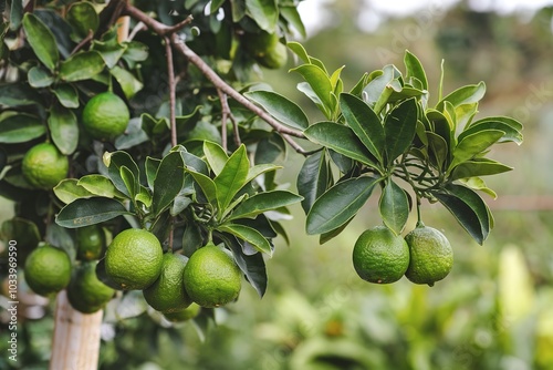 Green kaffir lime leaves and fruit on a branch