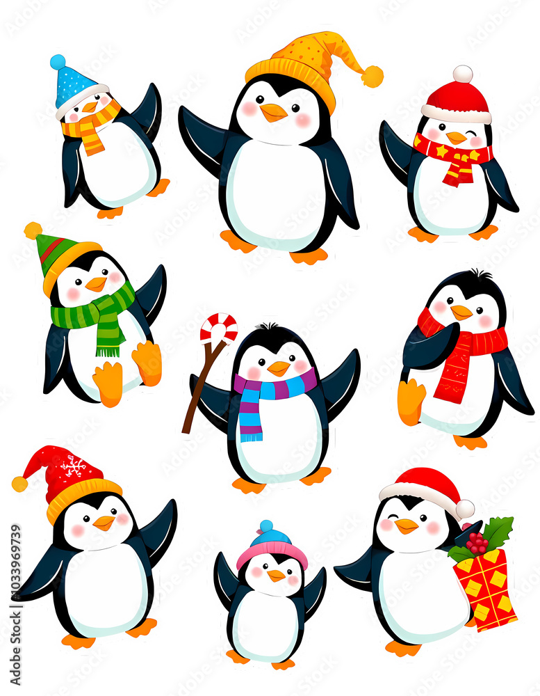 Fototapeta premium Festive Penguins in Hats and Scarves with Christmas Gifts in a 3x3 Grid – Vector Illustration
