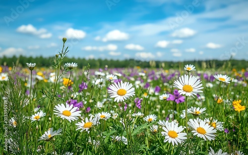 Idyllic spring meadow overflowing with diverse wildflowers, featuring daisies under a clear blue sky, captured in a gentle softfocus frame for relaxation