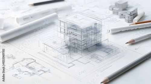 Detailed architectural wireframe blueprint or schematic diagram of a modern building or residential home design with geometric shapes grids and technical lines