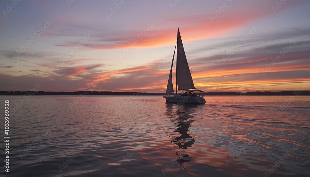 Fototapeta premium Sailboat silhouette, sunset reflection, tranquil nautical adventure, horizon over water