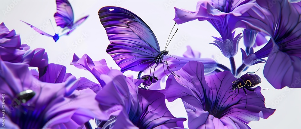 Vibrant Butterflies Among Violet Petunias Vibrant Butterflies Among Violet Petunias