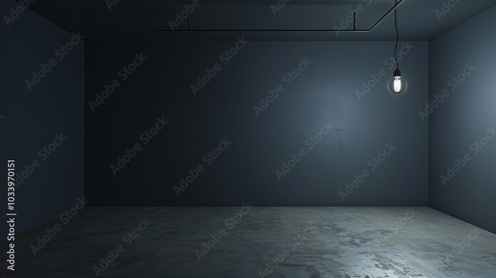 Dark empty room with single flickering light bulb casting long shadows, emphasizing absence of power and eerie atmosphere, minimalist setting with focus on light bulb's glow. Dark empty room with single flickering light bulb casting long shadows, emphasizing absence of power and eerie atmosphere, minimalist setting with focus on light bulb's glow.